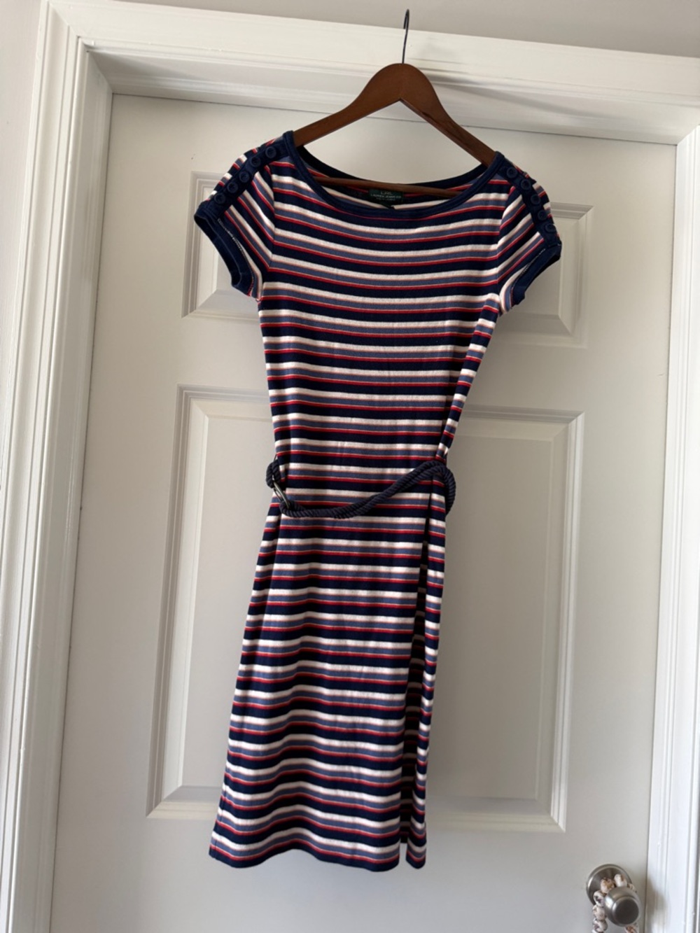 Vintage Ralph Lauren nautical 100% cotton Striped Short-Sleeve Belted Mini Dress